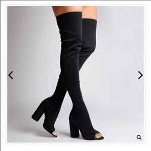 Cindy Thigh High Peep Toe Boots in Black Lycra